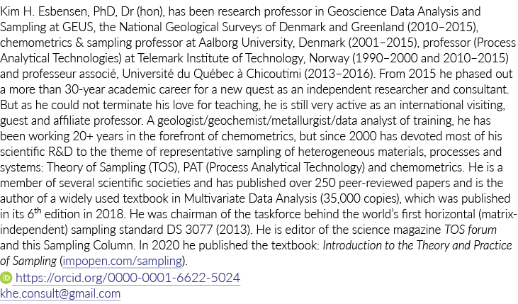 Kim H  Esbensen, PhD, Dr (hon), has been research professor in Geoscience Data Analysis and Sampling at GEUS, the Nat   