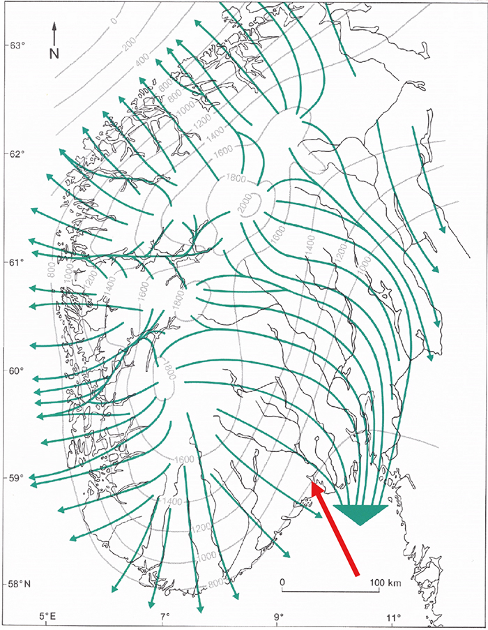 Ice age glacial flow direction patterns in southern Norway