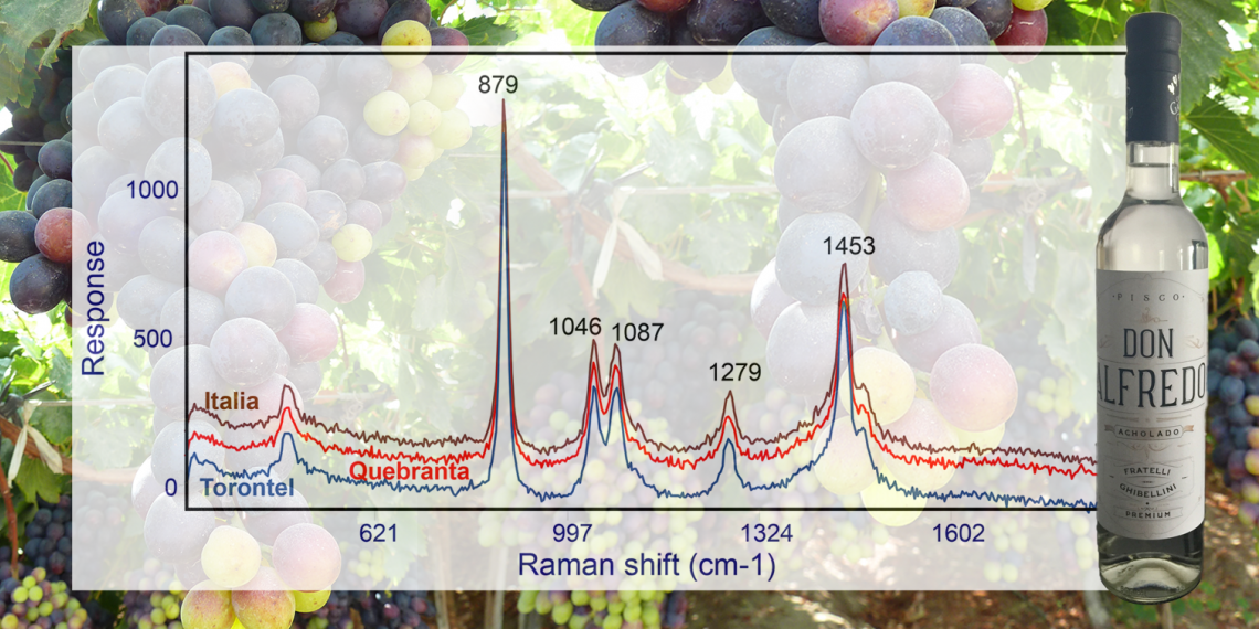 Raman spectra overlayed on photos of grapes and a bottle of Pisco