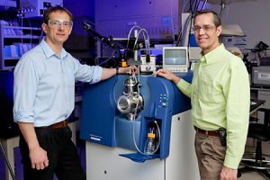 Photo of an open port sampling probe with its inventors, Vilmos Kertesz and Gary Van Berkel. Photo courtesy: ORNL