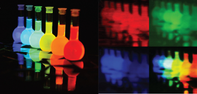 Original image (left) and corresponding portrayal of the red, green and blue regions, and a composite image.
