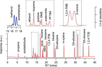 Chromatogram of PRM 0819 showing separation of compounds in the GC-FID/MS