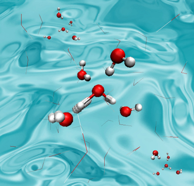 Drawing of water molecules in the liquid phase